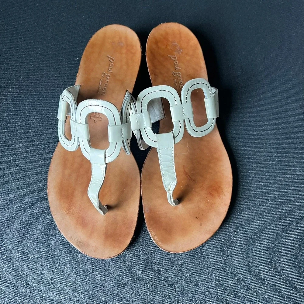 Paul Green White Patent Leather Link Thong Sandals UK 6.5 US 8.5 Flat Boho